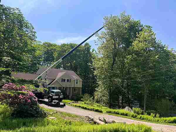 Crane setup to reach 7 tree removals in Burlington, CT.