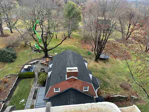 View from above of KDF Tree working on several tree pruning and cabling tasks in Harwinton, CT.