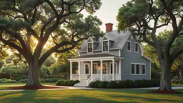 New England home with large trees.