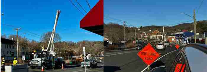 One-lane traffic pattern due to roadside tree pruning in Winsted, CT.