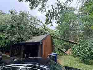 July 4th storm damage showing trees on building.
